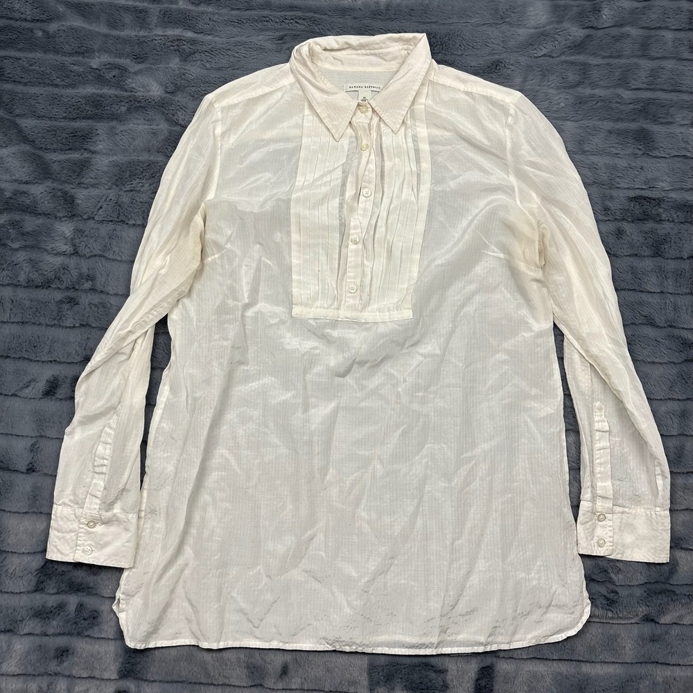 Banana Republic Womens XL White Cotton Silk Blend Pleated Bib Popover Blouse